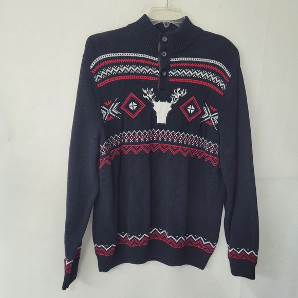 Chaps Sweater Winter Reindeer Nordic Knit Elbow Patch Black Fair Isle Mens XL - Picture 1 of 9